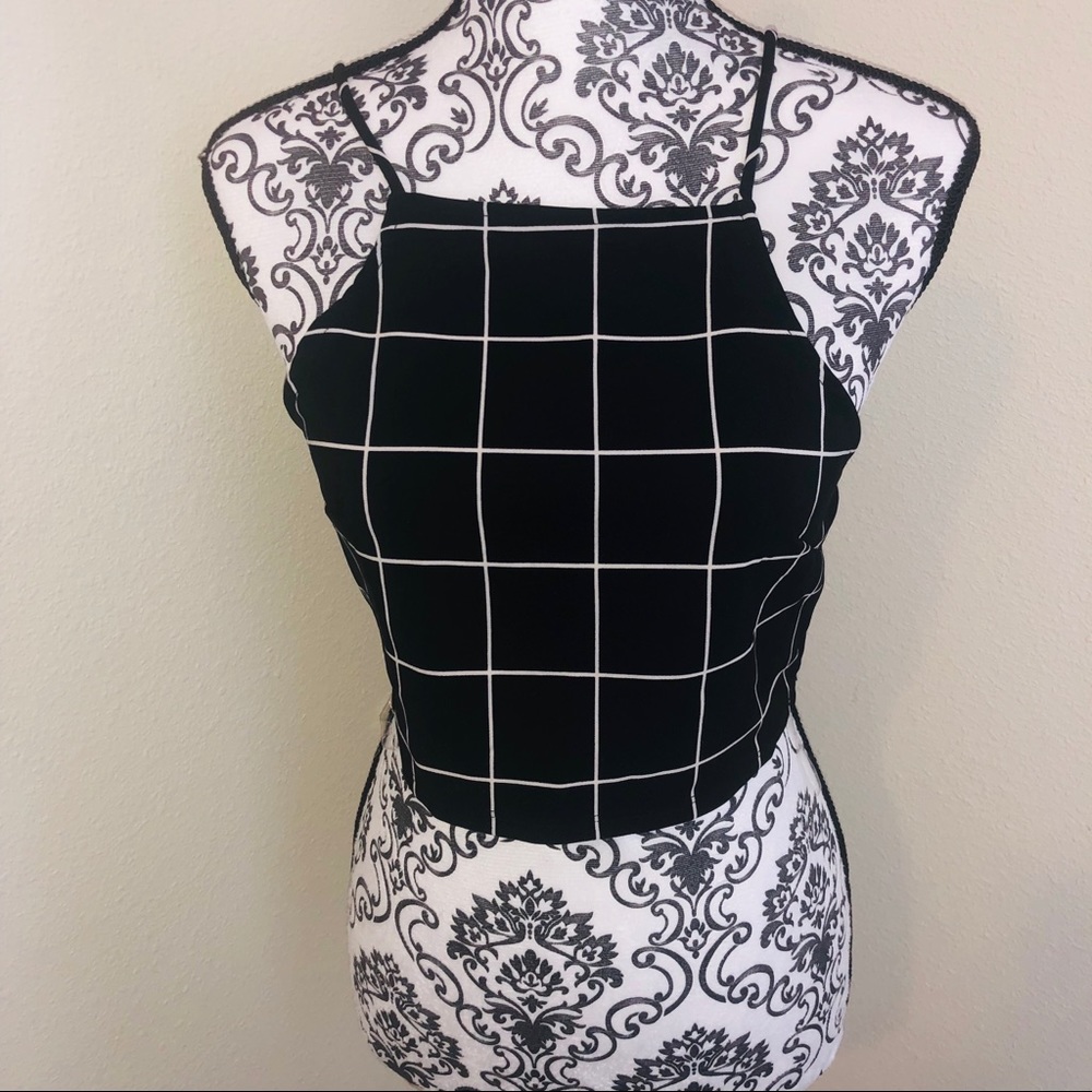 Fashion Nova Black with White Grid Pattern Crop
